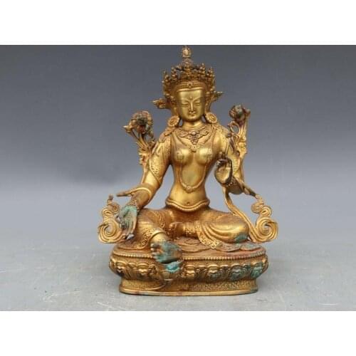 Tibet Buddhism Copper Bronze Green TaRa Kwan-Yin Guan Yin Bodhisattva Statue