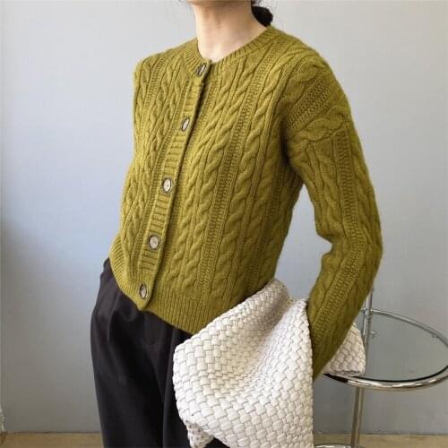 Womens casual solid color round neck long sleeve cardigan sweater for autumn and winter