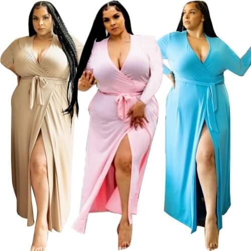 Sexy V-neck Women Autumn Boho Long Maxi Club Blue Dress Party Robe Longue Femme Elegant High Split Dresses Plus Size 5XL