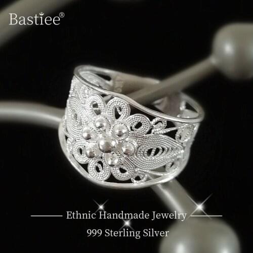 Vintage Flower 999 Sterling Silver Women Rings Antique Engagement Ring Wedding Adjustable Luxury Jewelry Boho Ethnic Miao Silver