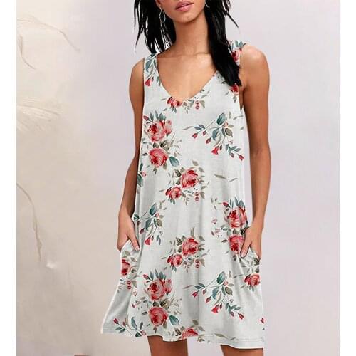 Summer Vintage Floral Print Mini Dress Loose Casual Sleeveless Beach Womens Sundress Basic Deep V-Neck Tank Dress Vestidos