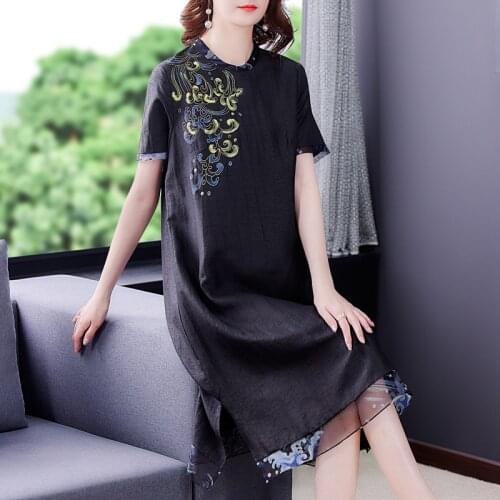2021 Vintage Black Mulberry Silk Casual Midi Dress Summer Print 5XL Plus Size Beach Dress Women Elegant Bodycon Party Vestidos