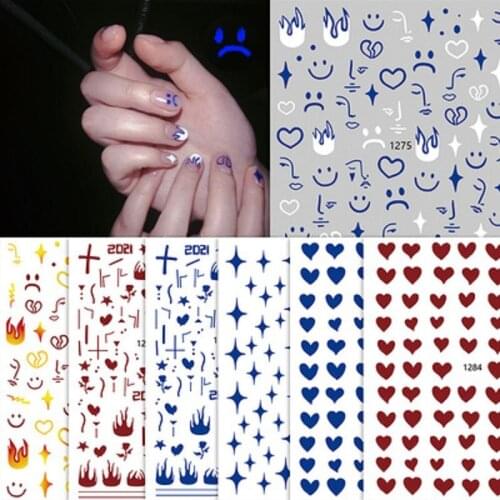 1 pcs Klein Blue Cool Boy Nail Art Manicure Decals 3D Blue Flame Smile Adhesive Sliders Man Nail Sticker Decor