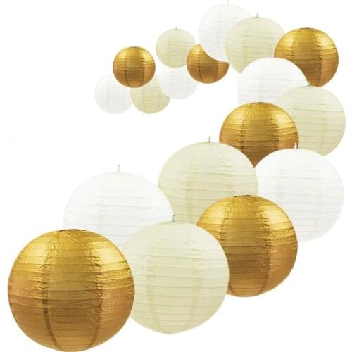 18Pcs Gold Metallic Foil Japanese Chinese Wedding Paper Lanterns Lamp Cover for Birthday Bridal Shower decor 5Assorted Sizes
