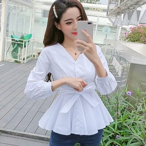 2021 Women Spring Autumn Fashion Solid Color Cotton Blouses Office Lady Casual V-neck Long Sleeve Slim Tunic Shirts Tops Q453