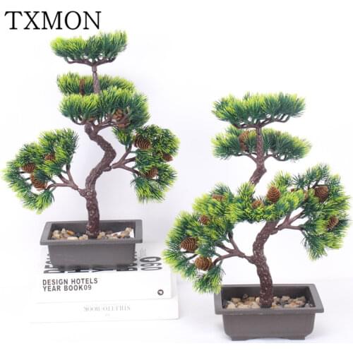 High-end simulation welcoming pine bonsai green plastic green plants potted desktop fake flower set hotel home decoration
