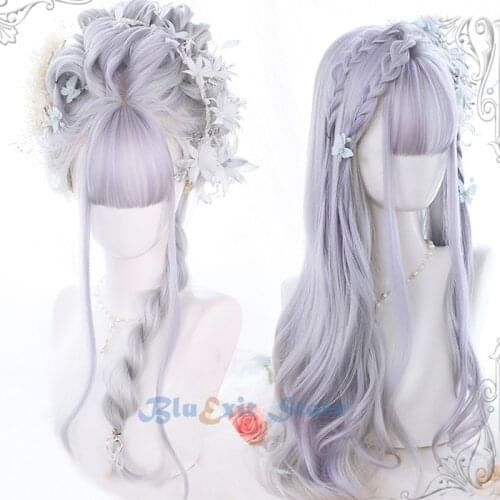 Gradual Light Purple Gray Lolita Wig Harajuku Fairy Cosplay Bangs Curly Body Wave Long Sweet Fringe Adult Girls Hair