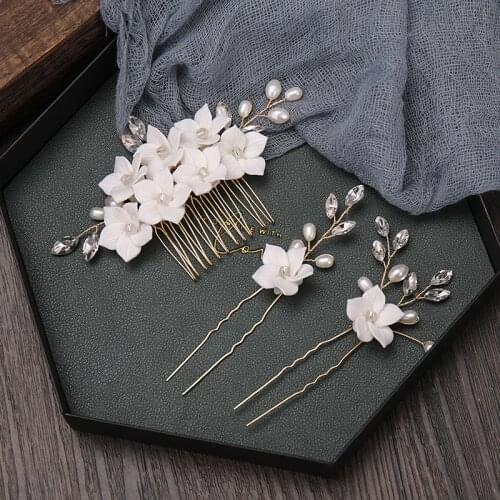Gold Color Flowers Rhinestone Pearl Hair Combs With Hairpins Sets Headpiece Wedding Hair Accessories Bridal Hair Jewelry Gift
