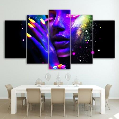 Painting Living Room Print Wall 5 Pieces/Pcs Purple Phosphor Face Picture Color Makeup Woman HD Sexy Beauty Canvas Poster Art