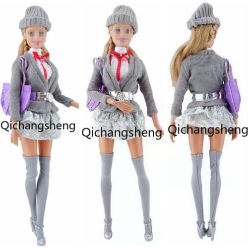 Classic 7 items/set Gray Knitted 1/6 BJD Clothes For Barbie Doll Outfits Sweater Coat Hat Shirt Skirt Bag Socks 1:6 Accessories