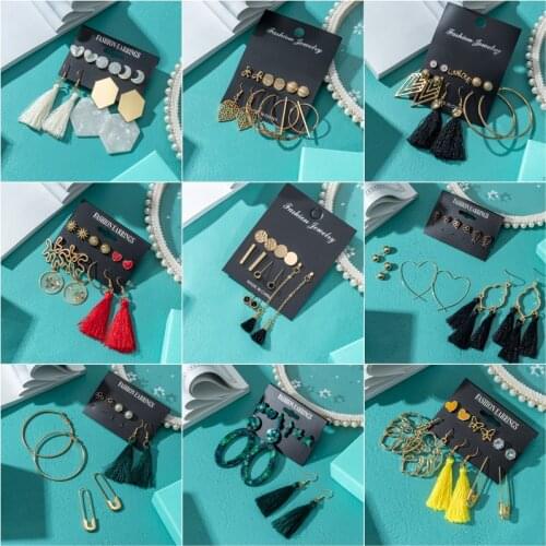 2020 Womens Earrings Set Bohemian Pearl Tassel Earrings For Women Vintage Crystal Geometric Stud Earring Female Fashion Jewelry