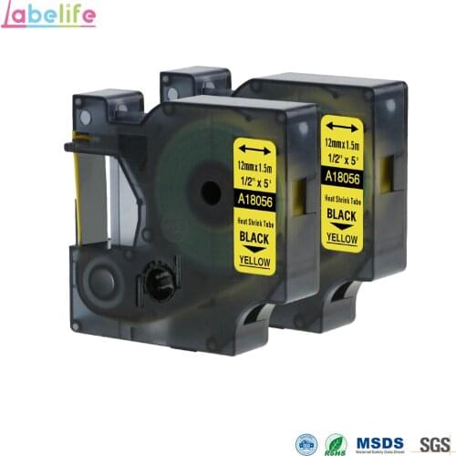 Labelife 2 Pack 18056 For DYMO Rhino Black on Yellow 12mmX1.5m Industrial IND Heat Shrink Tubes LabelWriter for Label Printer