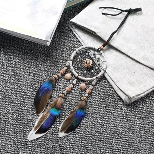 Mini Car Dream Catcher Beaded Natural Feathers Handcraft Chic Hanging Ornaments Mirror Room Bedroom Wall Decor