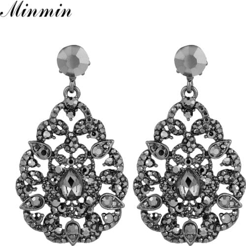 Minmin Black Rhinestone Long Drop Chandelier Flower shape Black Earrings Women Wedding Earrings Fashion Party Jewelry MEH1763