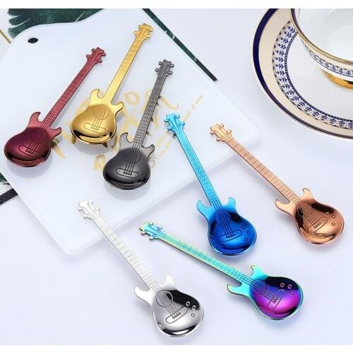 Multicolor Creative 304 Stainless Steel Guitar Spoons Rainbow Coffee Tea Ice Cream Spoon Flatware Drinking Tool As Gift Souvenir