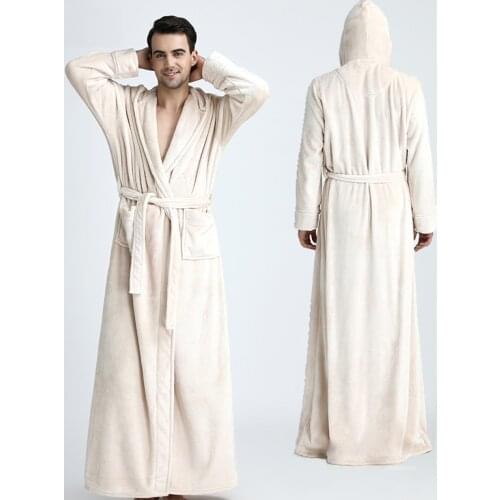 Men Hooded Extra Long Thermal Bathrobe Plus Size Winter Flannel Thickening Warm Kimono Bath Robe Male Dressing Gown Mens Robes