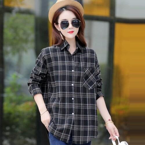 New 2021 Women Autumn Plaid Shirt Spring Korean Style Loose Show Slim Blouse Long Sleeve Female Casual Shirts Cotton Tops Blusas