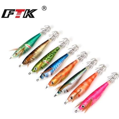 FTK Fishing Lure 90mm Squid Hook Luminous Wobblers Jigs Octopus Wood Shrim Cuttlefish Hard Baits 3D Eyes For Winter Fishing