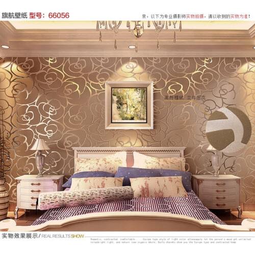 Q QIHANG High-grade Rose Flower Pattern Flocking Wallpaper Roll Coffee Color 0.53m*10m=5.3m2