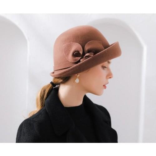 Lady Fedoras Hat Female Woolen Dome Cap Autumn and Winter English Elegant Wool Basin Hats Flower Leisure Joker Hat Adjust