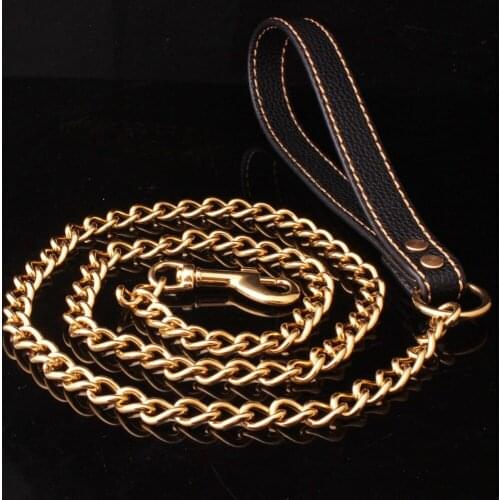 9mm Trendy Strong Black Leather Pet Dog Jewelry Leash Lead Gold Curb Link Chain For Walking Running 9inch+52inch High Quality