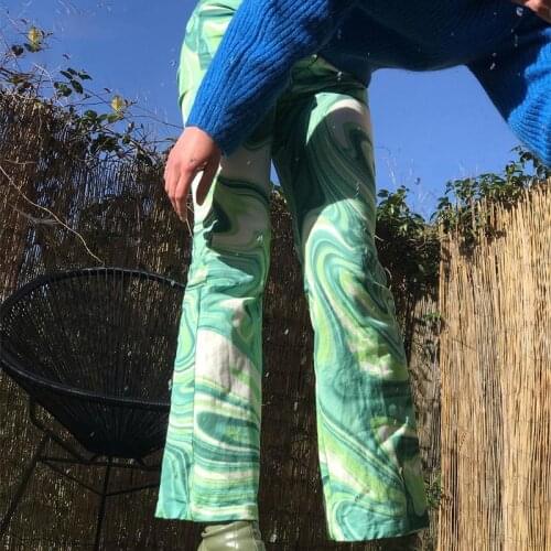 Streetwear Green Abstract Painting Woman Pants Long Flare Pants 2021 Summer Elegant Office Lady Top Fashion Graphic Bottom Pants