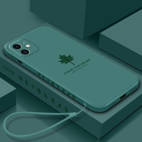 Ultra-thin Cute Maple Leaf Square Liquid Silicone Phone Case For iPhone 12 11 Pro SE XS Max XR X 8 7 6 Plus Luxury Lanyard Cover