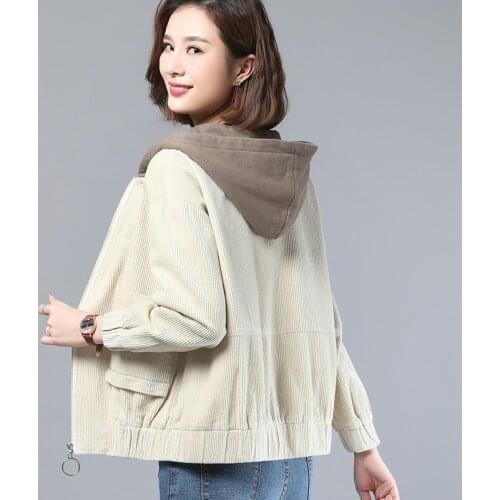 Corduroy Short Jacket Women 2021 Spring Autumn New Korean Loose Zipper Hooded Coat Casual Patchwork Long-sleeved Female Outwear