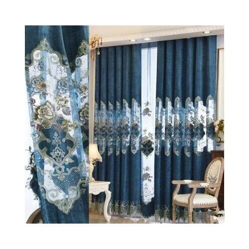 High-grade silver chenille water-soluble embroidery blue curtains European luxury living room curtains cloth