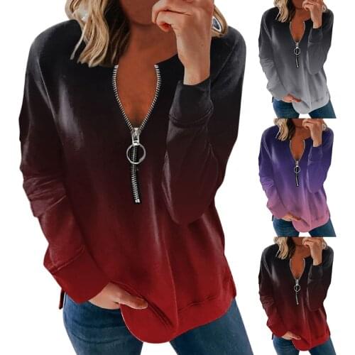 Women Long Sleeve Color-Gradient Zipper Round Neck T-shirt Sexy Ladies Blouse Top Daily All-match Sexy Girls T-shirt Top