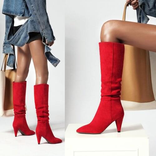 Winter boots Shoes Woman Boots Wrinkle Soft Genuine Fur High Heel Women Boots Autumn Winter Pointed Toe Women Shoes Ladies Boots