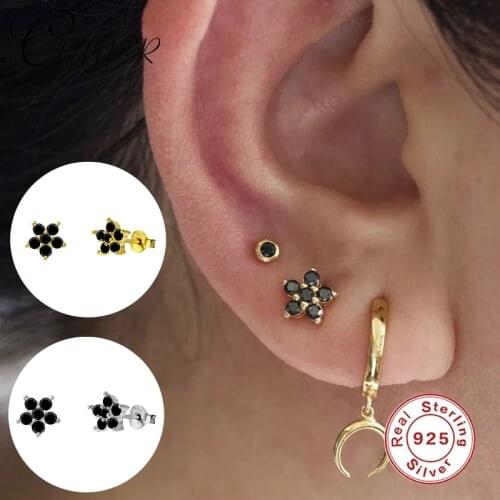 CANNER 925 Sterling Silver Stud Earrings For Women Black Crystal Zircon mini Piercing Earring Earings Fine Jewelry pendientes