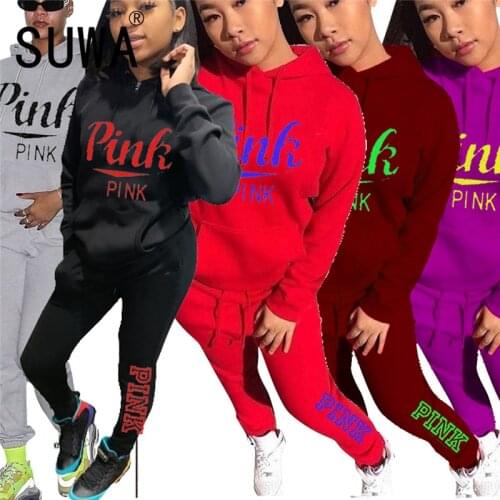New Pink Letter Print Women Set Full Sleeve 2 Pieces Tops And Long Pant Suit Ladies Sporty Matching Suit
