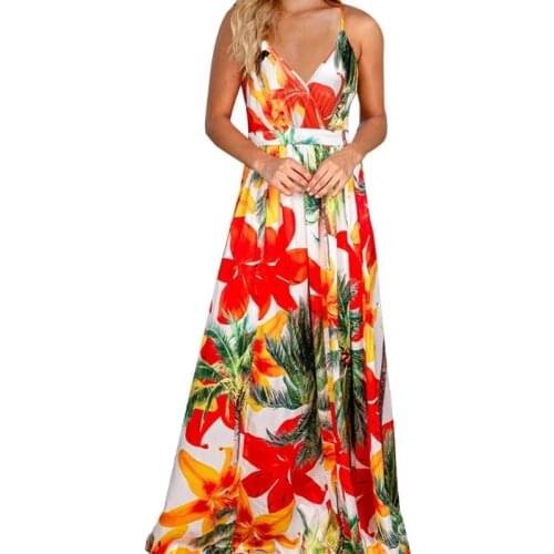 Women Summer Spaghetti Strap Wrap V-Neck Backless Maxi Dress Bohemian Tropical Leaves Floral Print Beach Sling Sundress