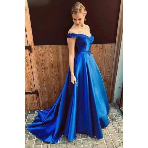Royal Blue Evening Dresses V-Neck Lace Appliques Evening Party Gowns Backless Off The Shoulder Formal Dresses Robe De Soiree