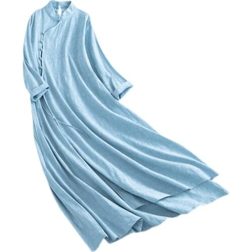 Women Vintage Long Sleeve Solid Color Dress 2021 New Spring Autumn Cotton Linen Shirt Vestido Casual Female Dresses aq082