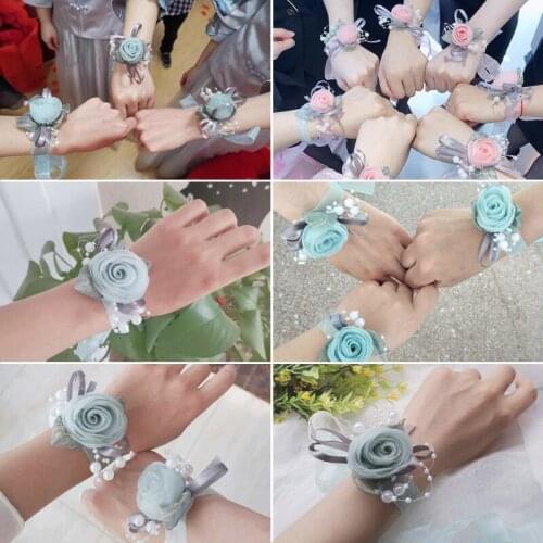1PC Photo props Hand Flower Pearl Ribbon Party Bracelet Wrist Flowers Bidesmaids Decor Wedding Accessories