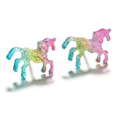 10 pairs/lot Stud Earrings Colorful Cartoons Glitter Unicorn Shiny Earring Bling Horse Earring For Women Men Jewelry Accessories