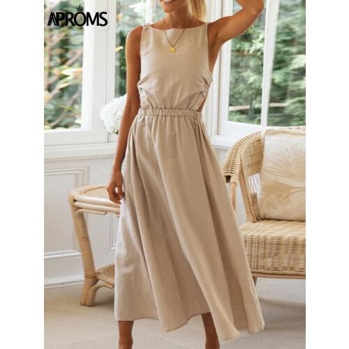 Aproms Elegant Cotton Linen Midi Dress Women 2021 Summer Fashion Sundresses Lady Casual Backless Crossover Basic A-line Dresses