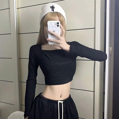Basic Square Collar Women Short T-Shirts Long Sleeves Casual Female Bottoming Tops Harajuku Commuting Slim All -Match Tshirts