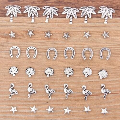 30PCS 7 Styles Stars Tree Horseshoe Flamingo Spacer Bead Animal Plant Charms For Diy Bracelets Necklace Jewelry Handmade Making