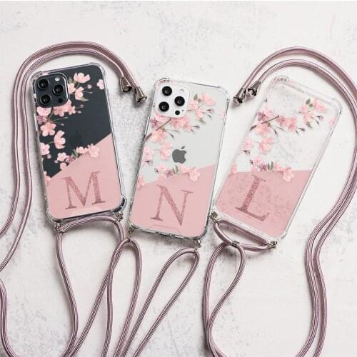 Necklace Lanyard Rope PC Airbag Cases For Samsung Galaxy A52 A51 A71 A50 A70 A42 A32 A12 A10 Alphabet Letter Flower Clear Coques