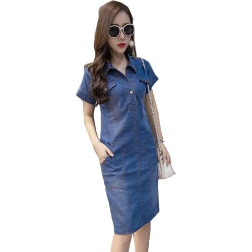 Clobee 017 Summer Denim Dress Women Clothing Plus Size 3XL Ladies office Jeans Dress Elegant Cowboy Dresses Midi tunique femme