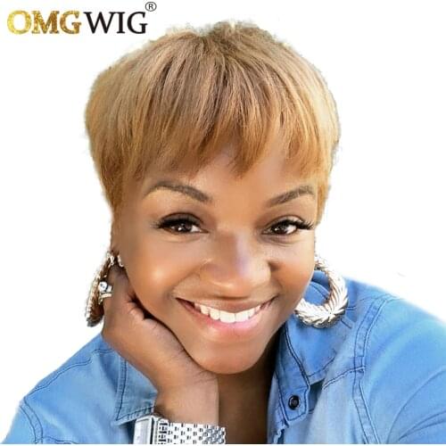 Short Honey Blonde Color Bob Pixie Cut Straight Machine Made Non Lace Front Human Hair OMG Wig With Bangs For Black Women Remy