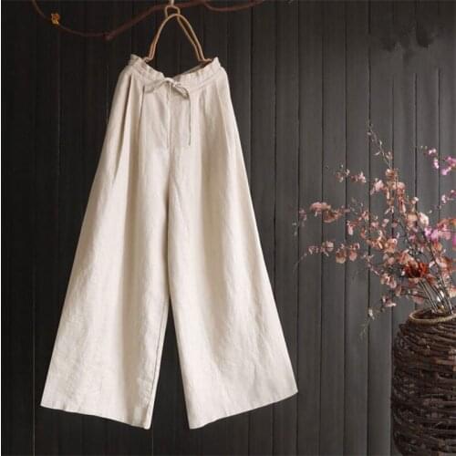 Linen casual pants spring new literary fan cotton and linen wide-leg pants high waist slim linen plus size pants Pockets