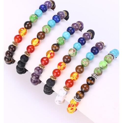 Miss JQ Natural Stone Chakra Bracelets & Bangles Lava Rock Healing Yoga Praying Bracelets for Women Men Jewelry viking bijoux