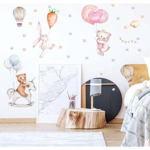 Cartoons Balloon Star Bunny Bear Wall Stickers kids baby room wallpaper Bedroom living room Home decoration Cute animals sticker