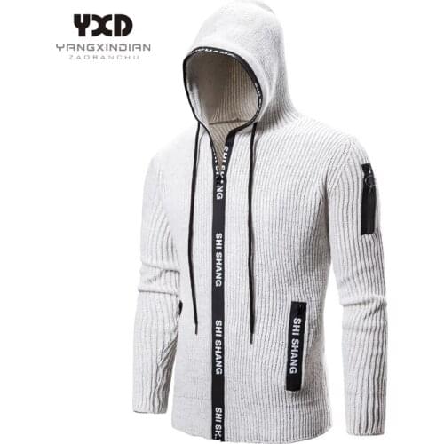 Mens Clothes Full Zip Knitted Cardigans Mans Off White Knitted Sweater Men Thick Warm Cardigan Man Letter Hooded Outwear Coat
