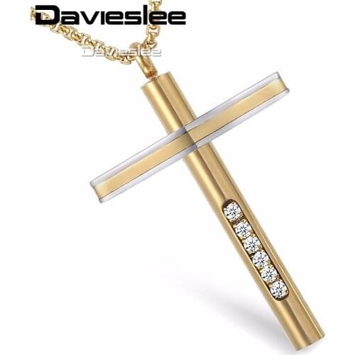 Davieslee Mens Chain Cross Pendant Necklace Stainless Steel Clear Rhinestones Inlay Gold Black Silver Color LKPM132