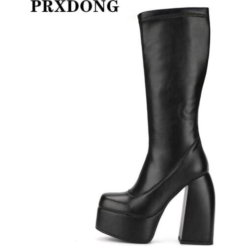 New Autumn Winter Stretch Boots Microfiber Leather Shoes Woman Mid Calf Boots Black High Heel Thick Platform Long Boots Big Size